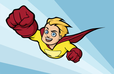 Classic retro flying superhero with red cape