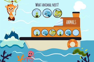 Obraz premium Cartoon Vector Illustration of Education will continue the logical series of colourful animals on a boat in the ocean among sea fishes. Matching Game for Preschool Children. Vector