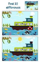 Cartoon of Education to find 10 differences in children's pictures, the boat floats with cute tropical animals Koala, pink flamingos and Antarctic penguin. Matching Game for Preschool Children. Vector