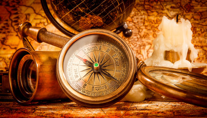 Vintage still life. Vintage items on ancient map.