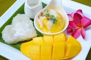 Mango with sticky rice and mango sherbet ice cream

