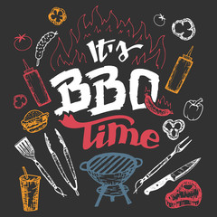 It's barbecue time. Hand drawn bbq elements set in sketch style on black background - obrazy, fototapety, plakaty
