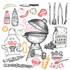 Barbecue hand drawn elements set in sketch style isolated on white background. Tools and foods for bbq party - obrazy, fototapety, plakaty