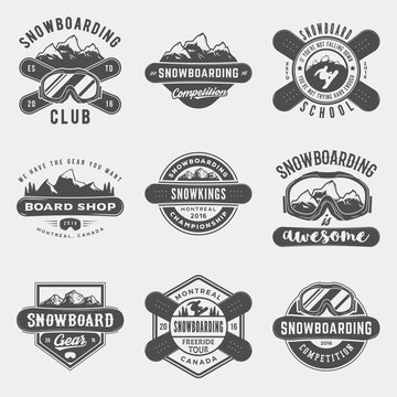 vector set of snowboarding logos, emblems and design elements