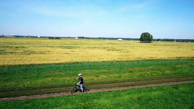 AERIAL: Young man cycling on bicycle at rural road through green and yellow field.