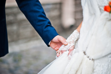 Hand in hand of wedding couple