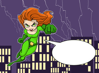 Illustration of super lady in bright costume