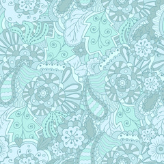 Abstract doodle floral pattern. Seamless background with flowers and leaves in blue. 