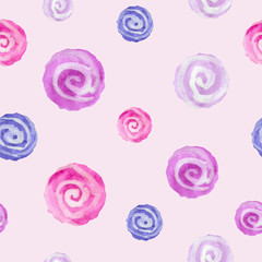 Watercolor circles seamless pattern. Repeating background with spiral design elements. 