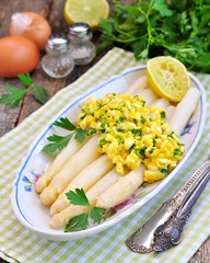 Belgian cuisine - white asparagus with boiled egg, parsley and butter.