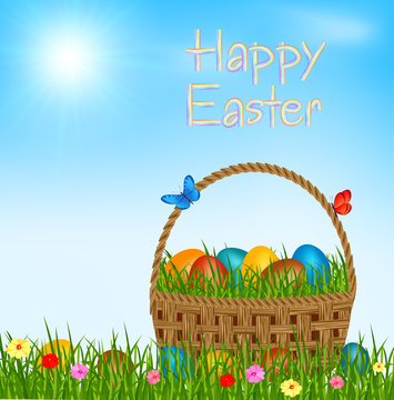 Easter basket with eggs - happy easter vector greeting card. Easter eggs in easter basket on green grass. Happy easter text on blue sky.