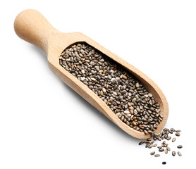 Chia seeds in scoop on white background