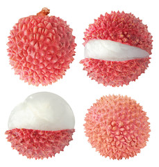 Collection of isolated whole and cut lychee fruits