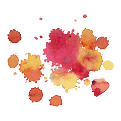 expressive watercolor spot blotch with splashes red orange yellow color. Banner for text, grunge element for decoration