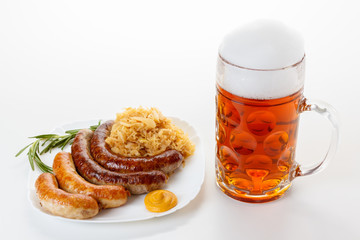 Oktoberfest menu, beer mug, a plate of sausages and sauerkraut
