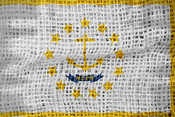 Rhode Island flag on sackcloth textured background