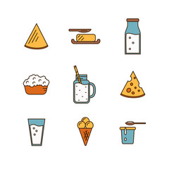 Dairy Product Icon Set. Milk, Cheese, Ice Cream, Butter and other Dairy Product. Different Milk Product in line style design. Dairy icon on white background. Isolated dairy products icon.