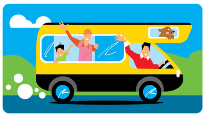 Family goes to camping. Camping with the family car, which is going to rest. Summer, recreation, Active tourism, camping.