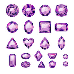 Set of realistic purple jewels. Amethysts.