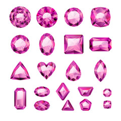 Set of realistic pink jewels. Rubies isolated.