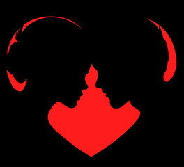 Illustration black silhouette of lovers on a heart background.