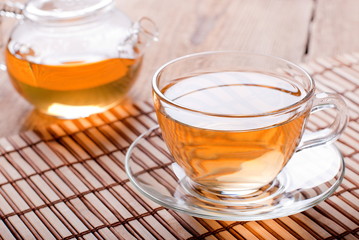 tea cup and teapot with green tea