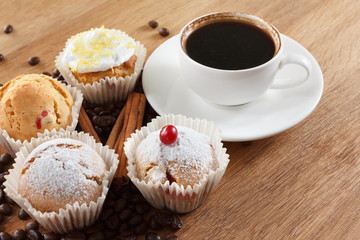 Sweet muffin and coffee. Overhead view