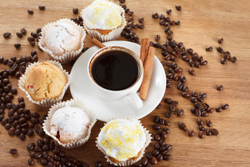 Sweet muffin and coffee. Overhead view