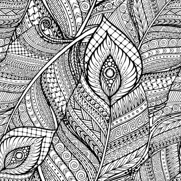 Seamless ethnic doodle black and white background pattern with feathers.
