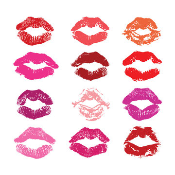 Lipstick kiss isolated on white, lips set, design element. 
