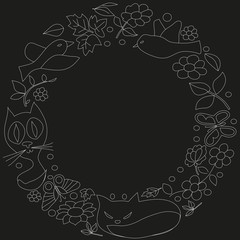 Black pattern of flowers and butterflies in a circle