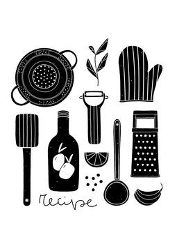 Black and white poster for kitchen. Hand drawn cooking illustration with kitchen utensils