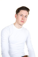 White t-shirt on a young man isolated on white background
