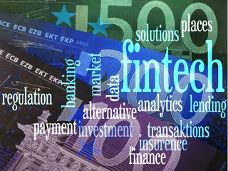 FinTech
Word cloud to FinTech (financial technology). Background: Euro bills, blue
