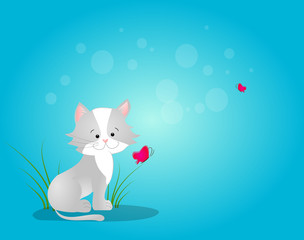 Cat on blue background with butterflies