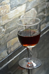 brandy in glass on kitchen counter