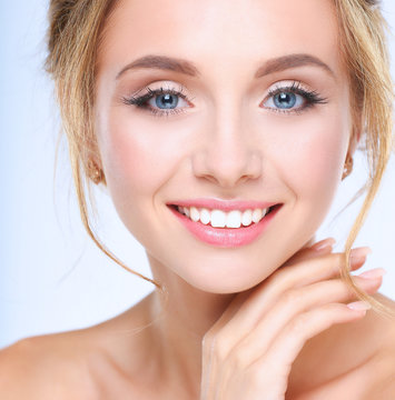 Portrait of beautiful woman on white background