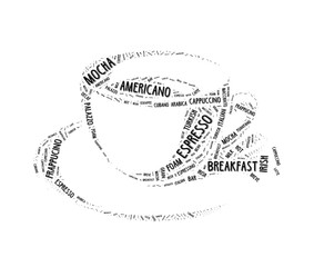 Coffee word cloud, words related to coffee in shape of coffee mug