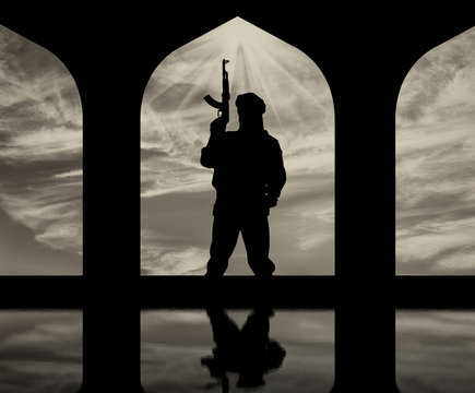 Silhouette of man with rifle against cloudy sky