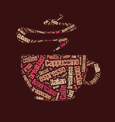 Coffee word cloud, words related to coffee in shape of coffee mug