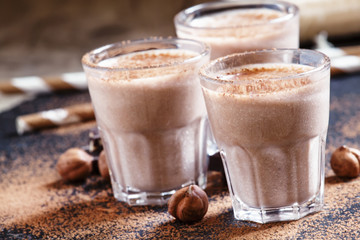 Banana nut smoothie with chocolate, selective focus