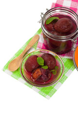 Whole Plum Compote. Selective focus.