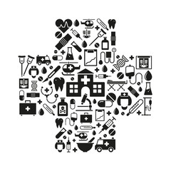 Medicine and Health Care symbols in a cross shape