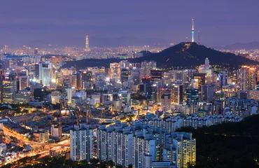 Fotobehang Seoul City at night and N Seoul Tower © panyaphotograph