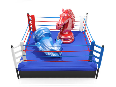 Red chess knight wins over blue chess knight on boxing ring, strategic competition concept