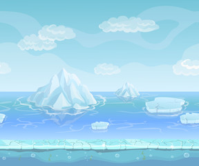 Cartoon winter landscape with iceberg and ice, snow sky. Seamless vector nature background for UI games. 