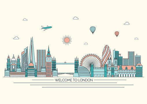 London detailed skyline. Vector background. line illustration. Line art style