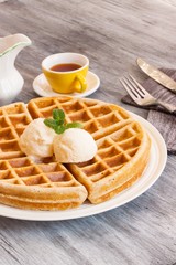 Waffle Breakfast with ice cream and maple syryp