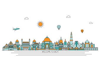Delhi detailed skyline. Travel and tourism background. Vector background. line illustration. Line art style