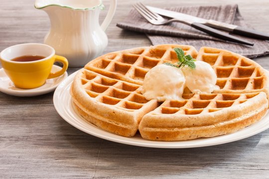 Waffle Breakfast with ice cream and maple syryp